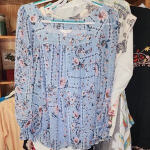LC Lauren Conrad Floral Print Blouse in Blue and Pink Boho Tunic Top Lined
